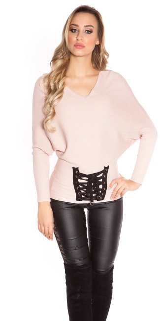 Trendy bat sweater with lacing Antiquepink